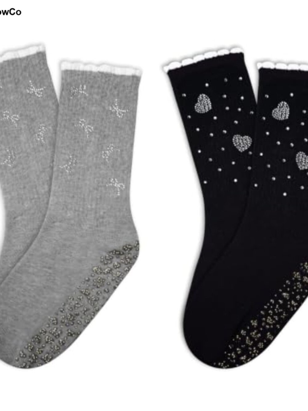 Non Slip Grip Socks for Yoga Pilates Barre Rhinestone Ruffle Crew Cotton